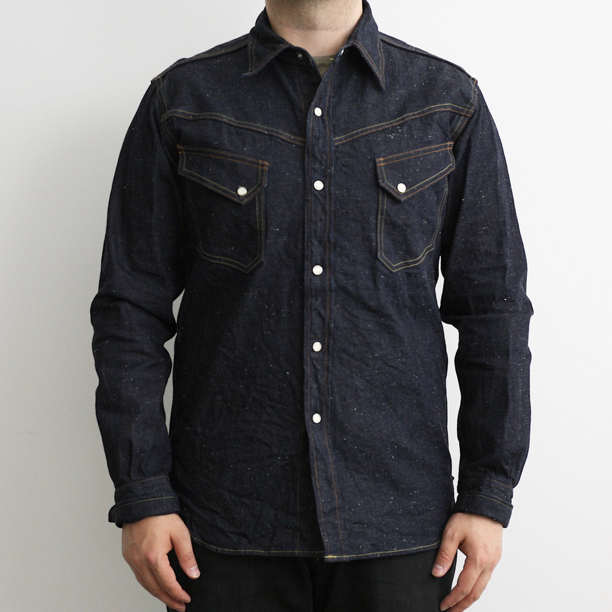 Long Horn Type Western Shirt in 9oz. Indigo Nep Selvedge Denim