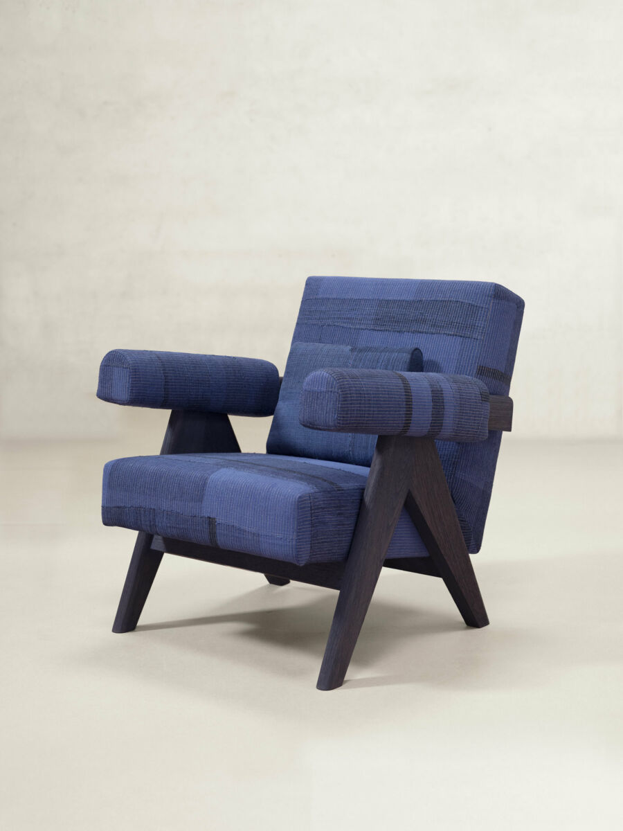 Upholstered Easy Armchair in KeSa Cobalt by Pierre Jeanneret & Chandigarh Collective - Tempo