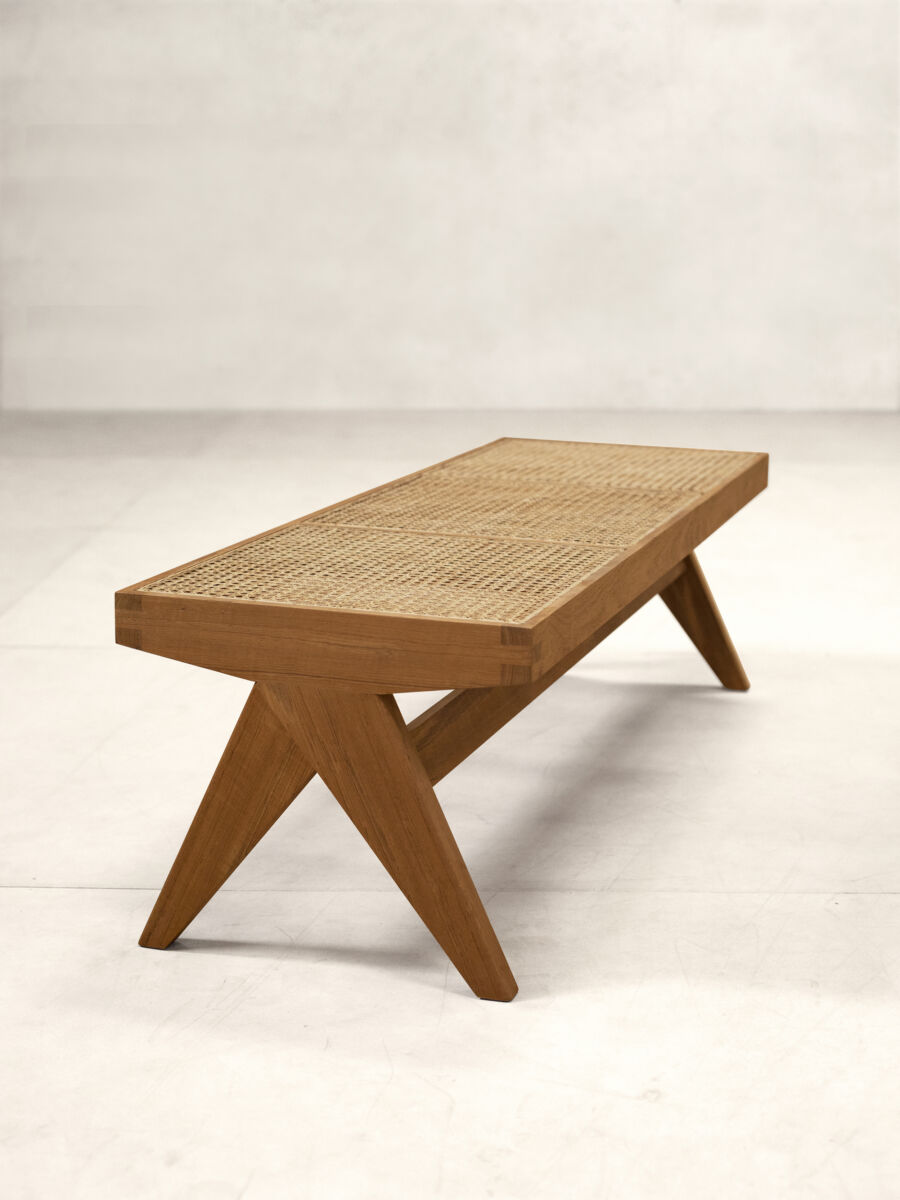 Teak and Cane Bench by Pierre Jeanneret & Chandigarh Collective