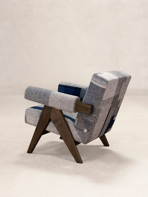 Upholstered Easy Armchair in KeSa Indigo by Pierre Jeanneret & Chandigarh Collective