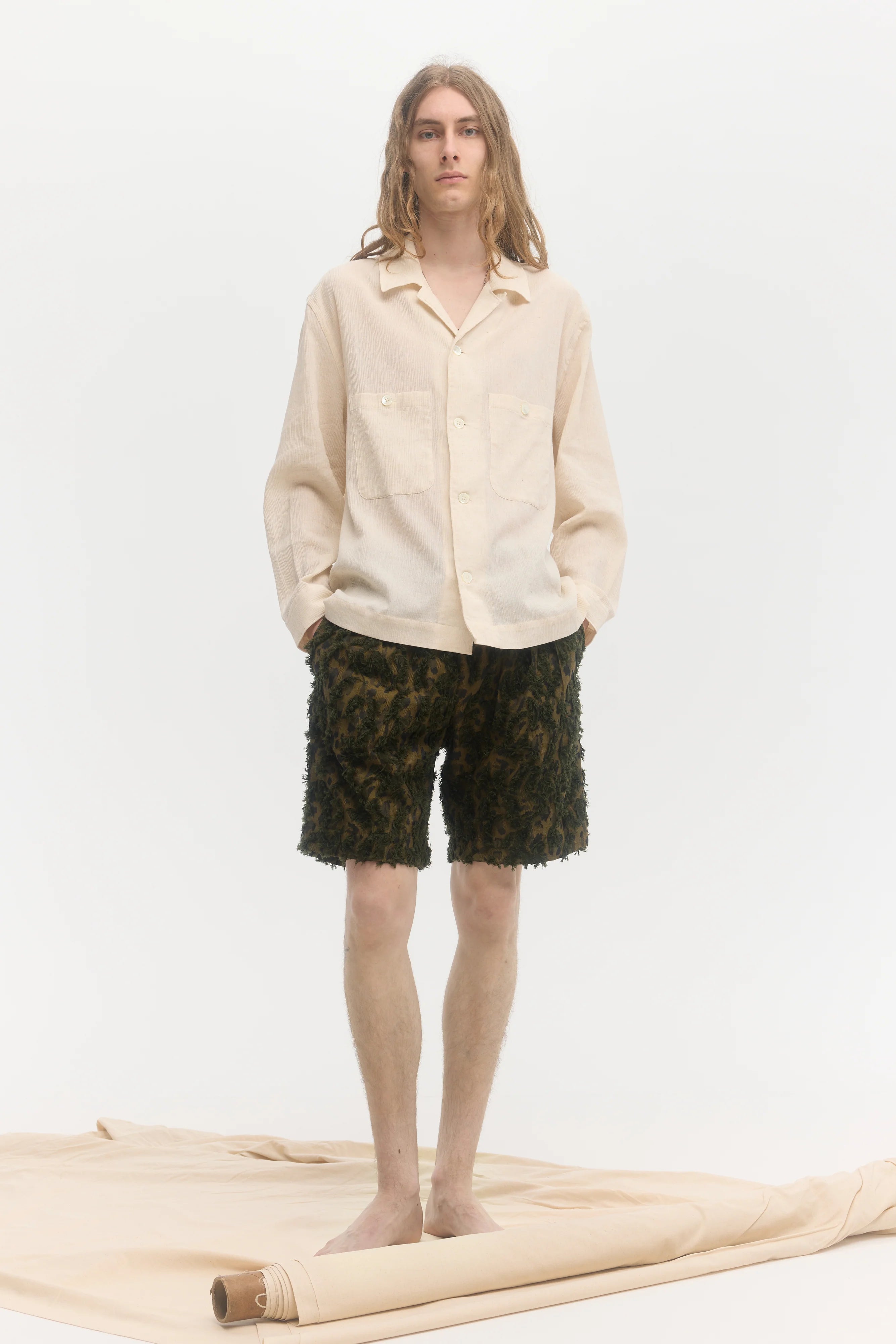 École de Pensée - Ecru Cotton Linen Ramie Crepe Open Collar Overshirt - Tempo