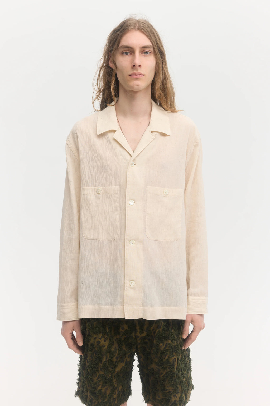 École de Pensée - Ecru Cotton Linen Ramie Crepe Open Collar Overshirt - Tempo