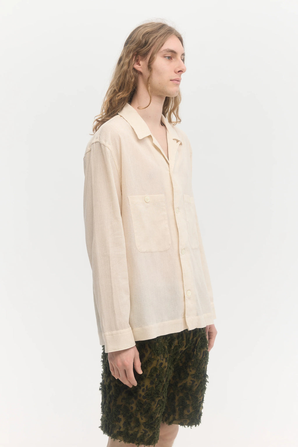 École de Pensée - Ecru Cotton Linen Ramie Crepe Open Collar Overshirt - Tempo