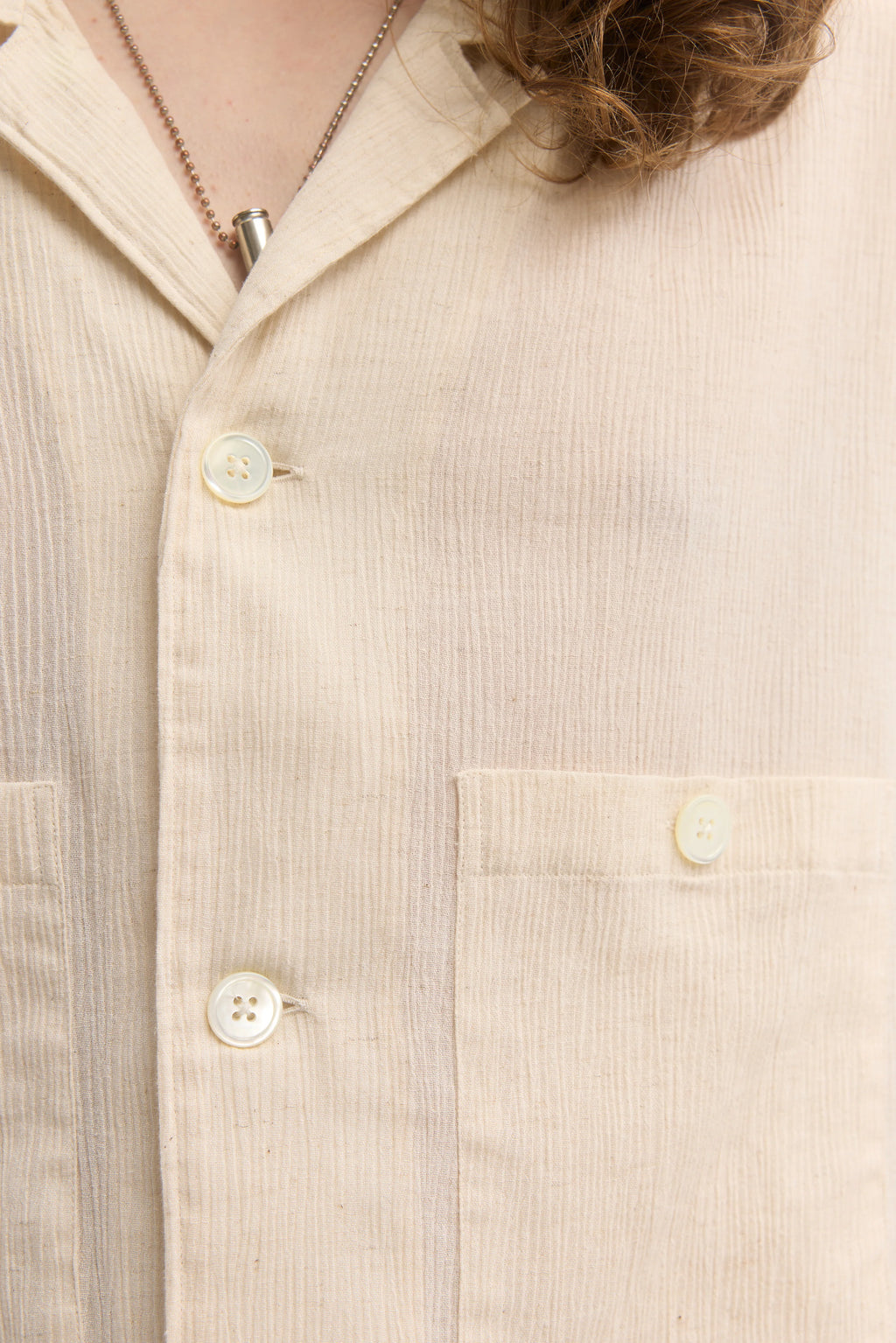 École de Pensée - Ecru Cotton Linen Ramie Crepe Open Collar Overshirt - Tempo