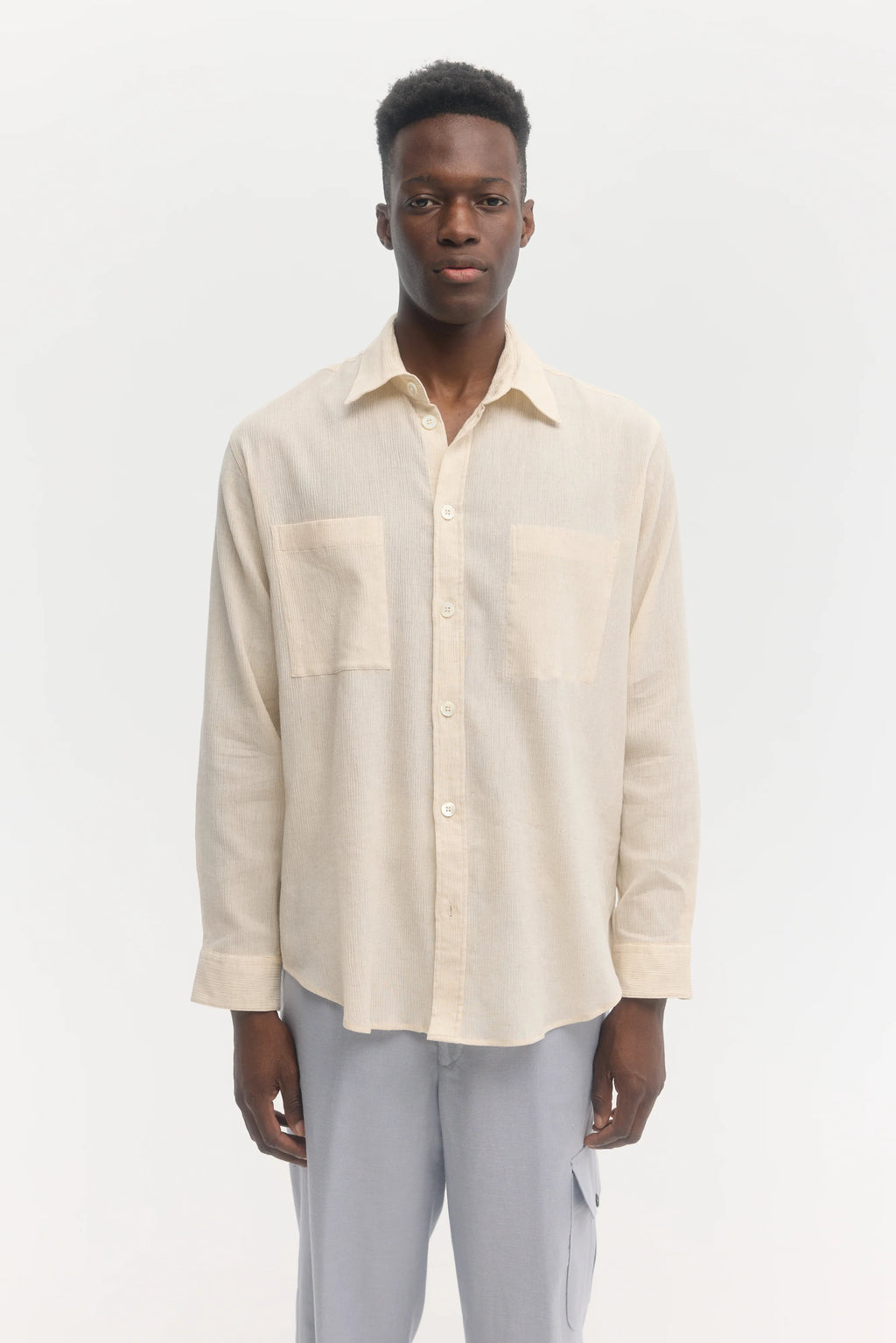 École de Pensée - Ecru Cotton Linen Ramie Crepe Regular Fit Pocket Shirt - Tempo