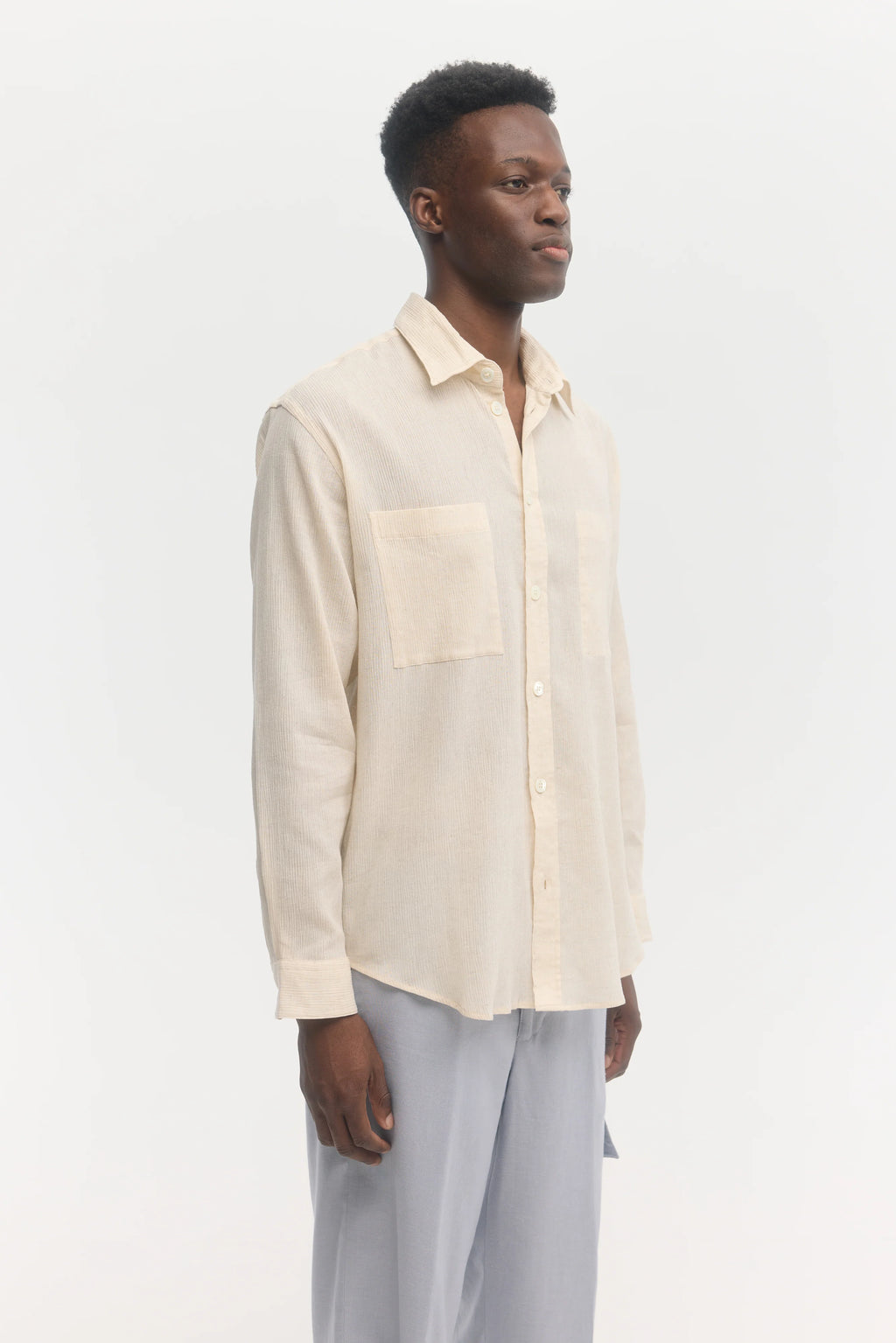 École de Pensée - Ecru Cotton Linen Ramie Crepe Regular Fit Pocket Shirt - Tempo