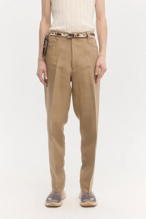 Pantalon droit en lin sable foncé à pression centrale 