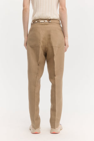 Pantalon droit en lin sable foncé à pression centrale 