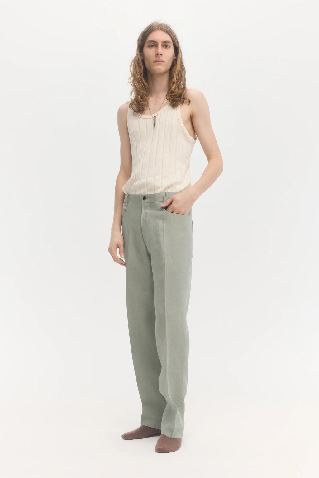 École de Pensée - Lichen Linen Straight Center Press Trousers - Tempo