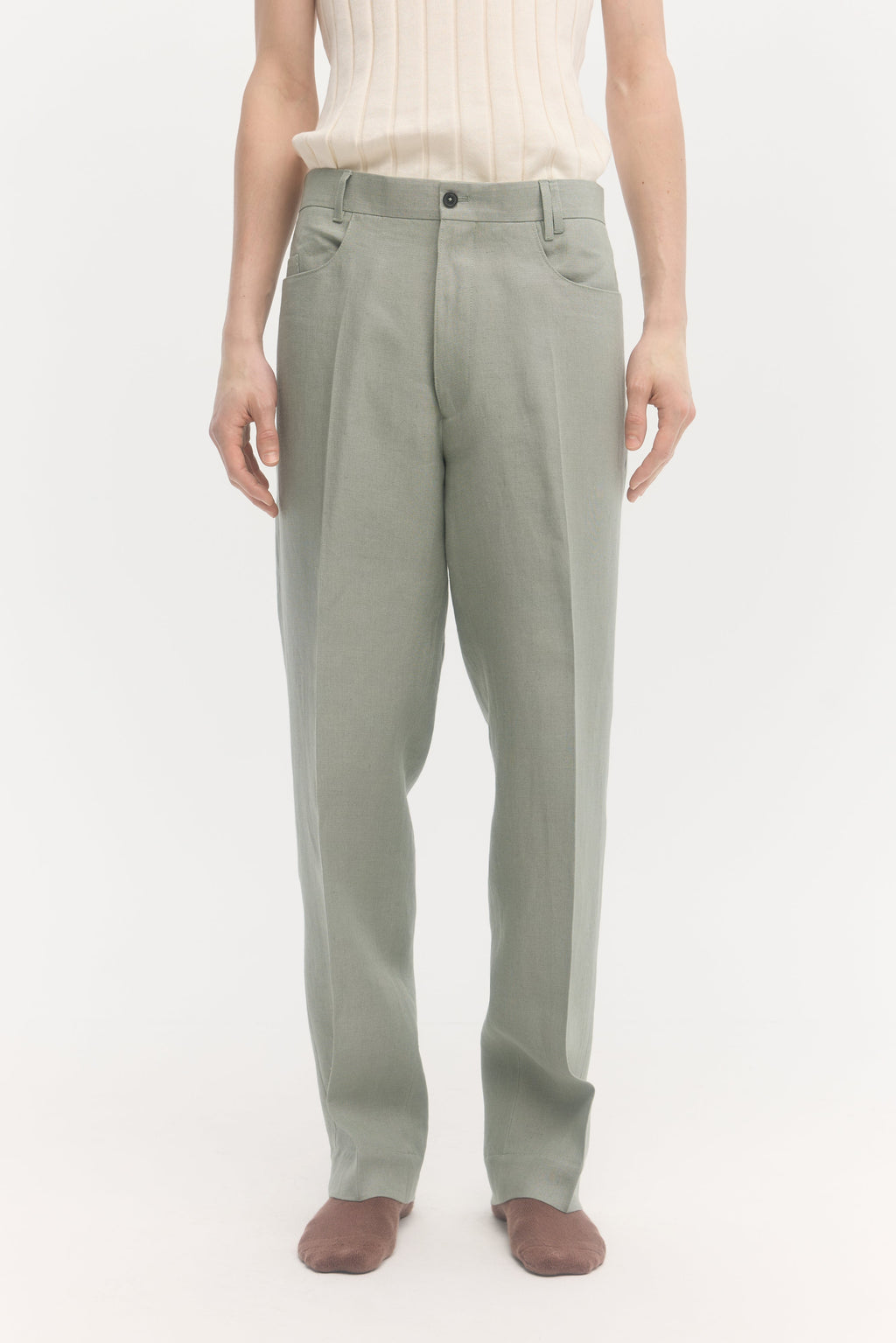 École de Pensée - Lichen Linen Straight Center Press Trousers - Tempo