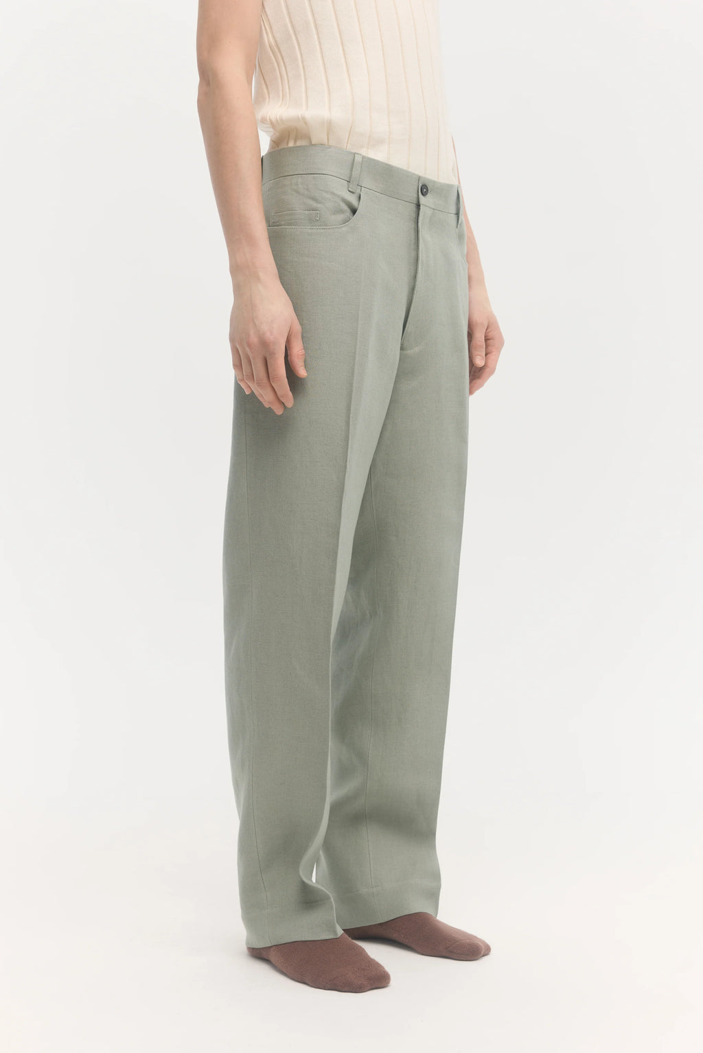 École de Pensée - Lichen Linen Straight Center Press Trousers - Tempo