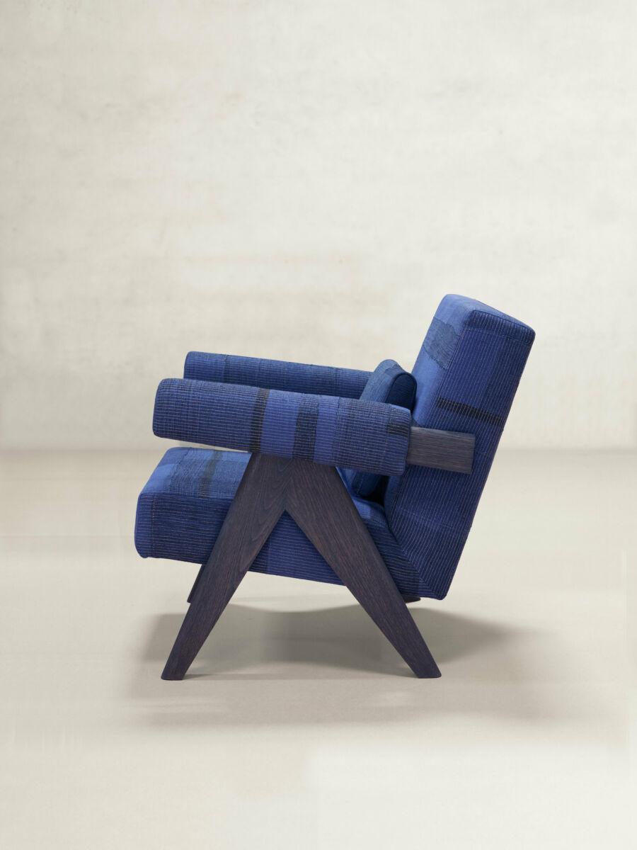 Upholstered Easy Armchair in KeSa Cobalt by Pierre Jeanneret & Chandigarh Collective