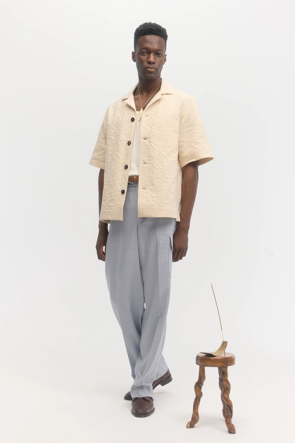 École de Pensée - Sand Waffle Cotton Jacquard Relaxed Fit Short Sleeve Shirt - Tempo