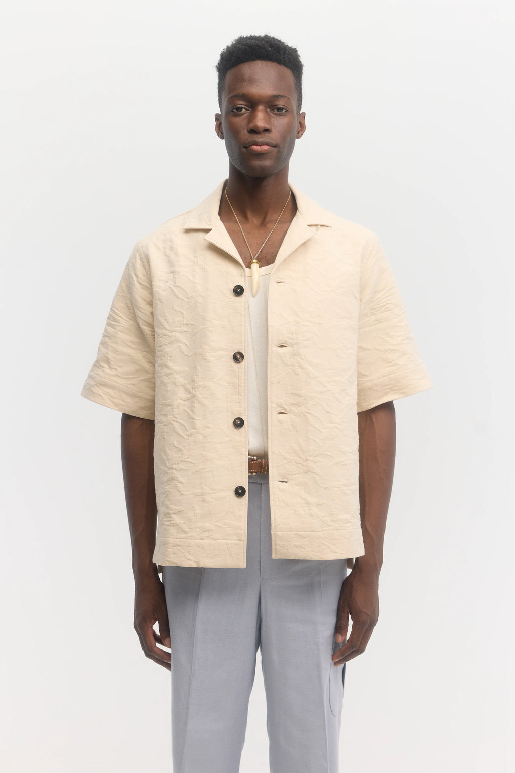 École de Pensée - Sand Waffle Cotton Jacquard Relaxed Fit Short Sleeve Shirt - Tempo