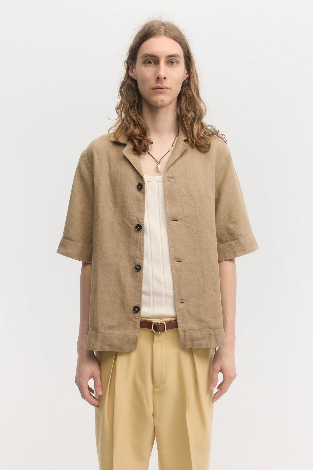 École de Pensée - Dark Sand Linen Relaxed Fit Short Sleeve Shirt - Tempo