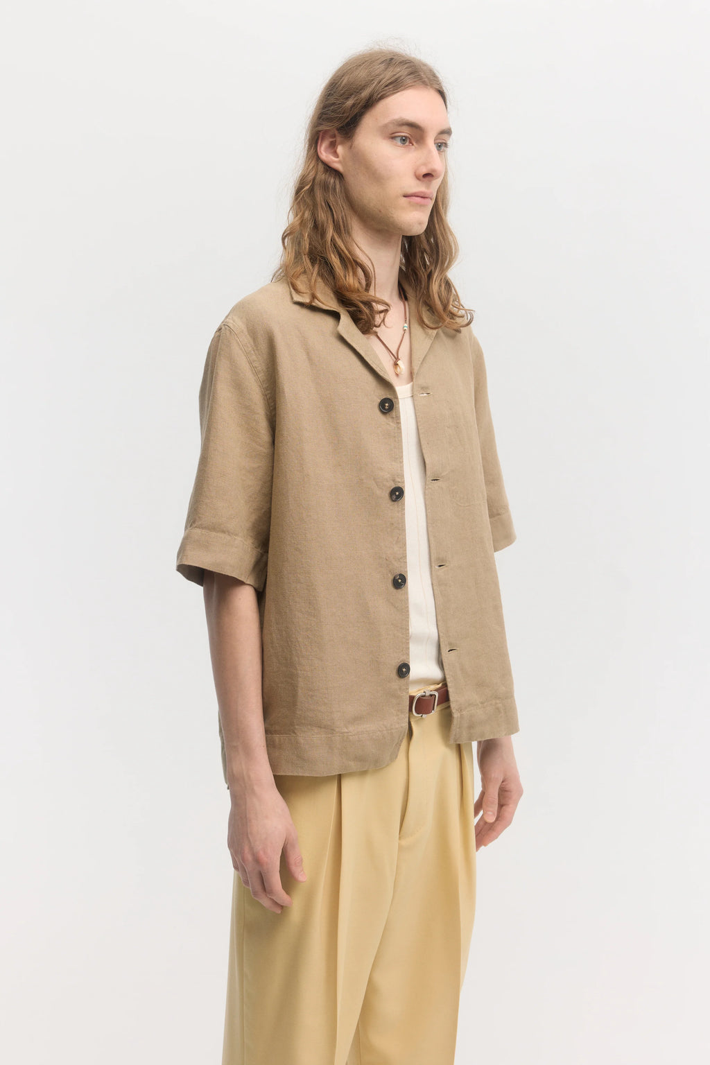 École de Pensée - Dark Sand Linen Relaxed Fit Short Sleeve Shirt - Tempo