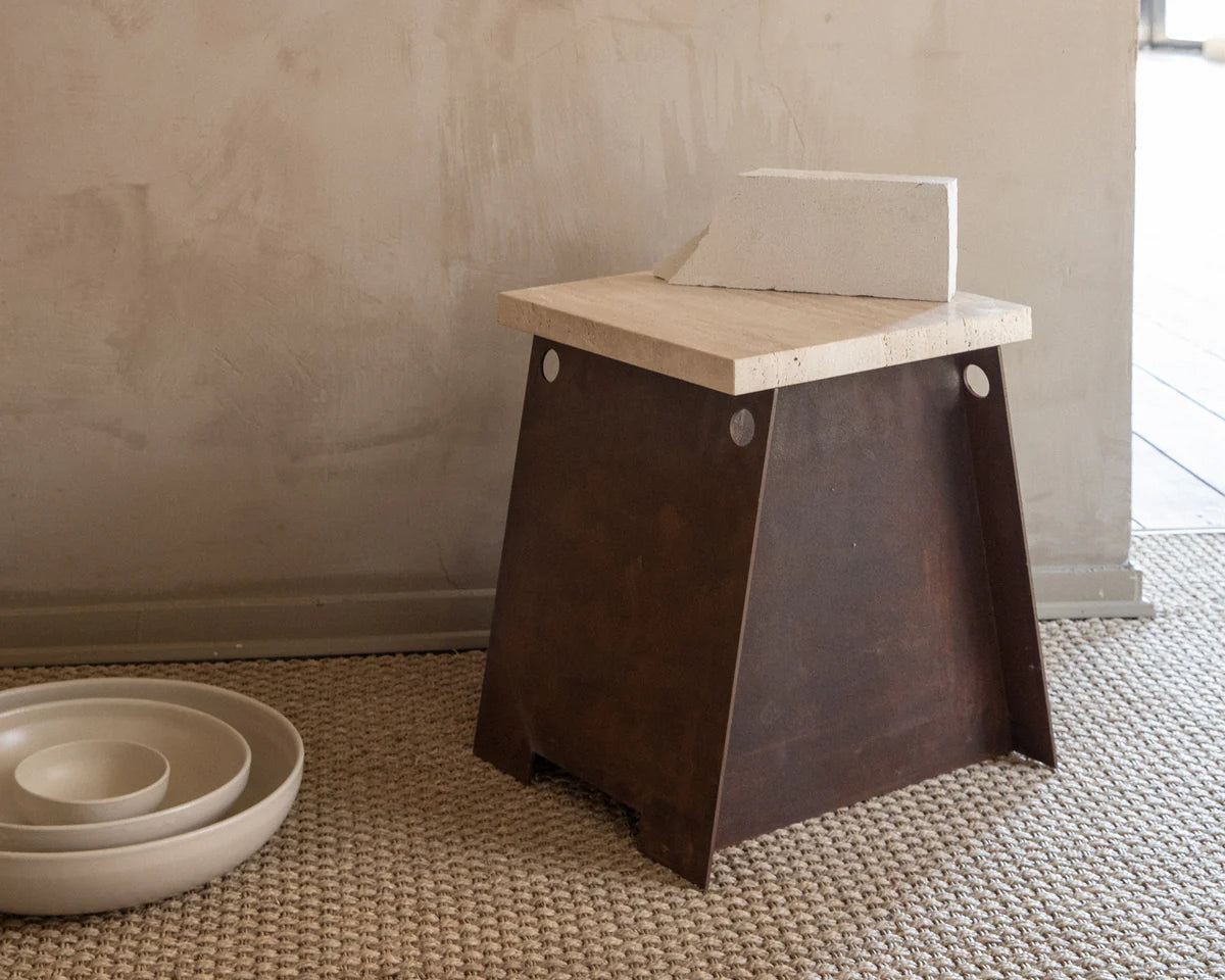 64 PLINTH | BLACKENED STEEL / TRAVERTINE - Tempo