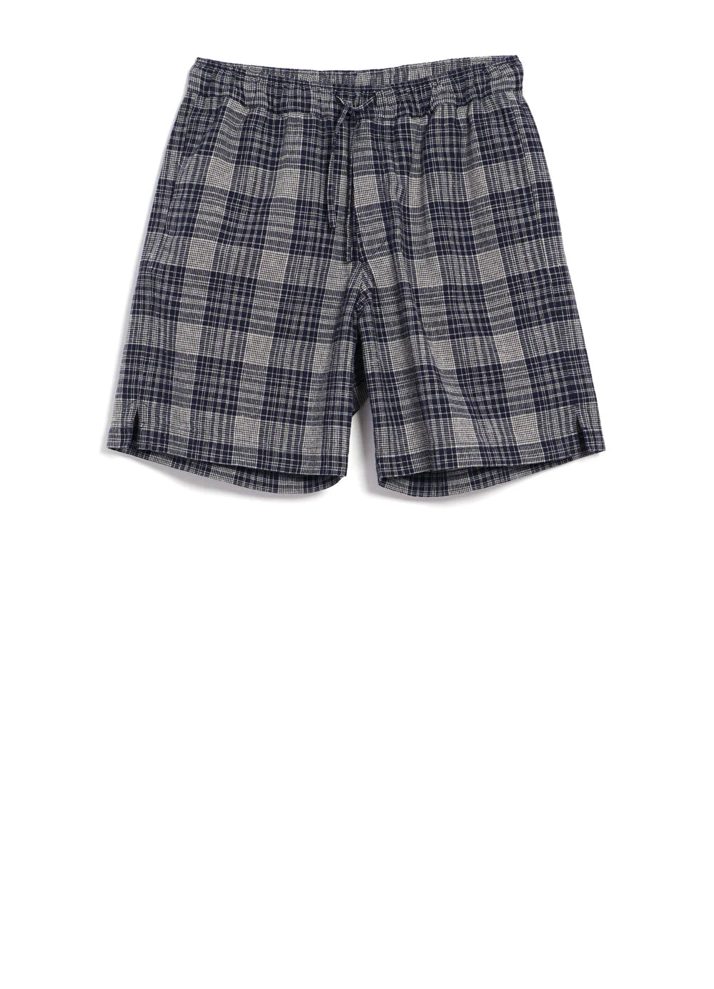 HANSEN - Yann Drawstring Shorts in Cotton Linen Navy Ecru Check - Tempo