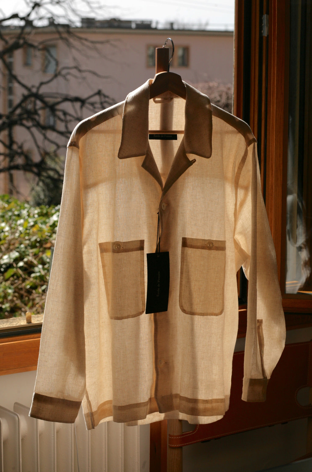 École de Pensée - Ecru Cotton Linen Ramie Crepe Open Collar Overshirt - Tempo