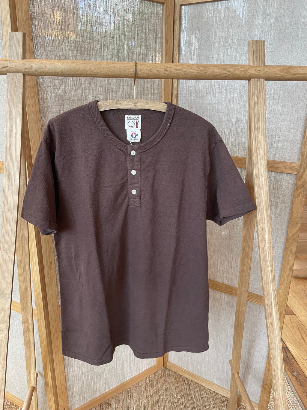 SAMURAI COTTON PROJECT - 16oz Japanese Organic Cotton Henley Hand-Dyed in Chestnut - Dark Kuri - Tempo