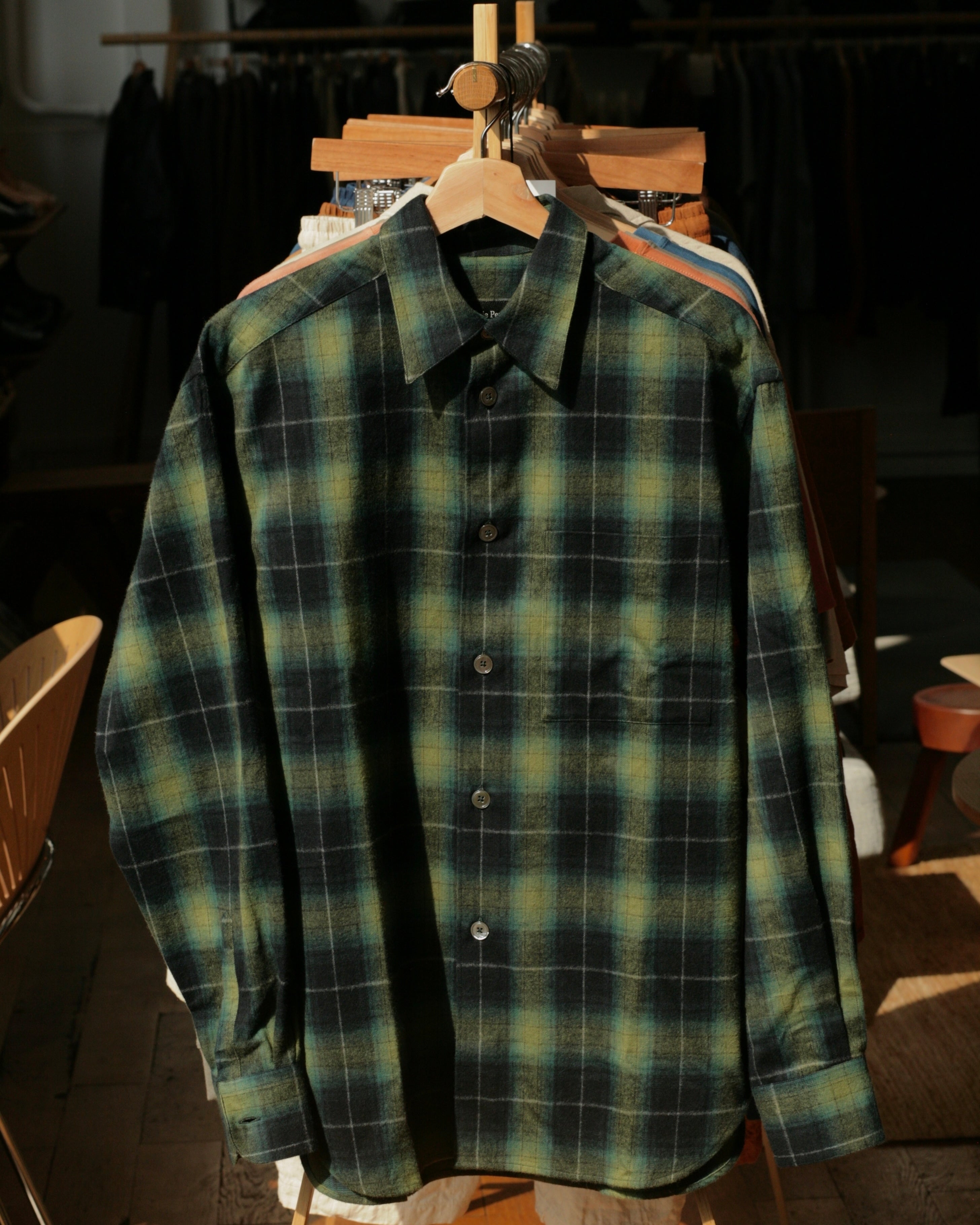 Green Plaid Shadow Check Brushed Flannel Relaxed Shirt