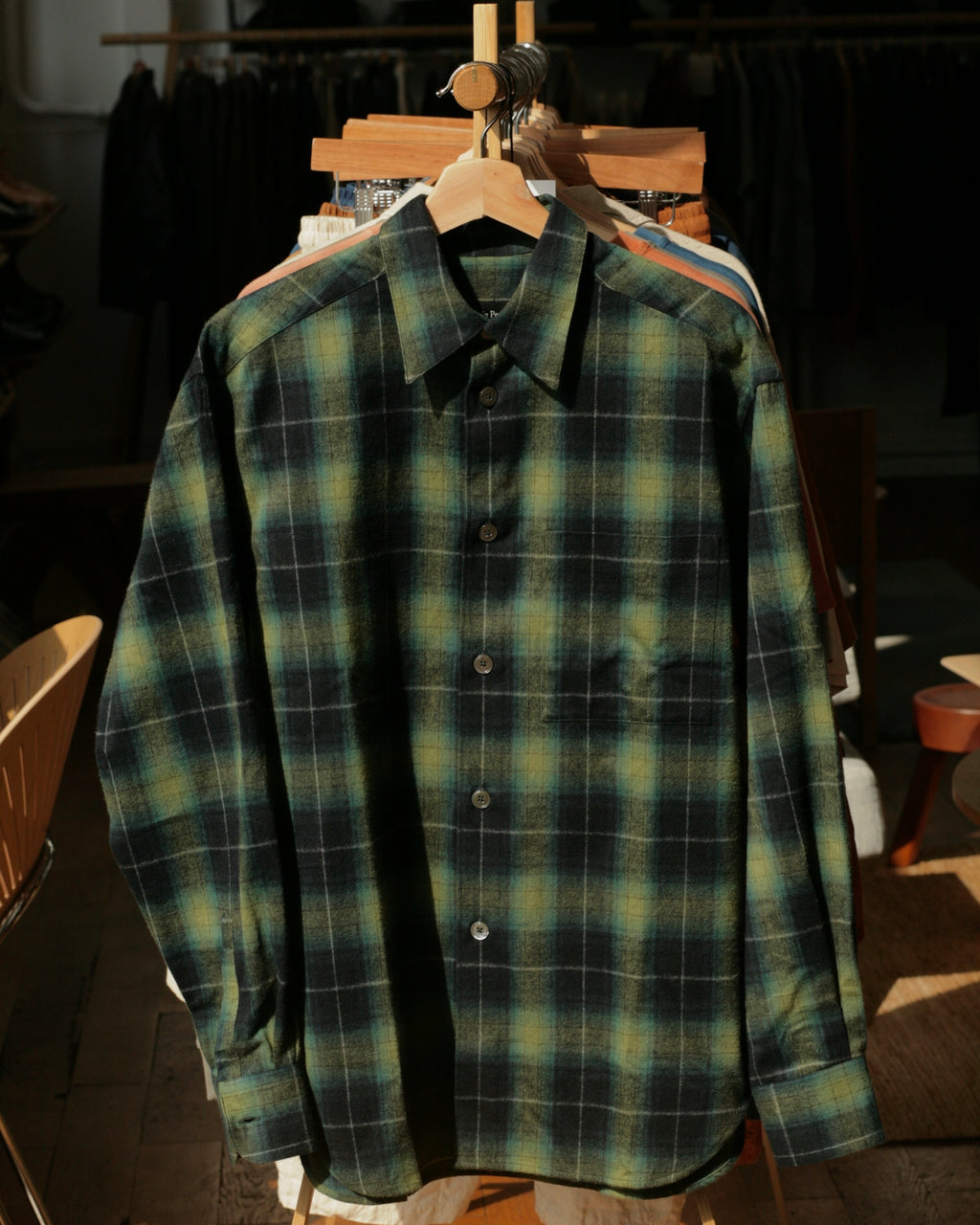 École de Pensée - Green Plaid Shadow Check Brushed Flannel Relaxed Shirt - Tempo