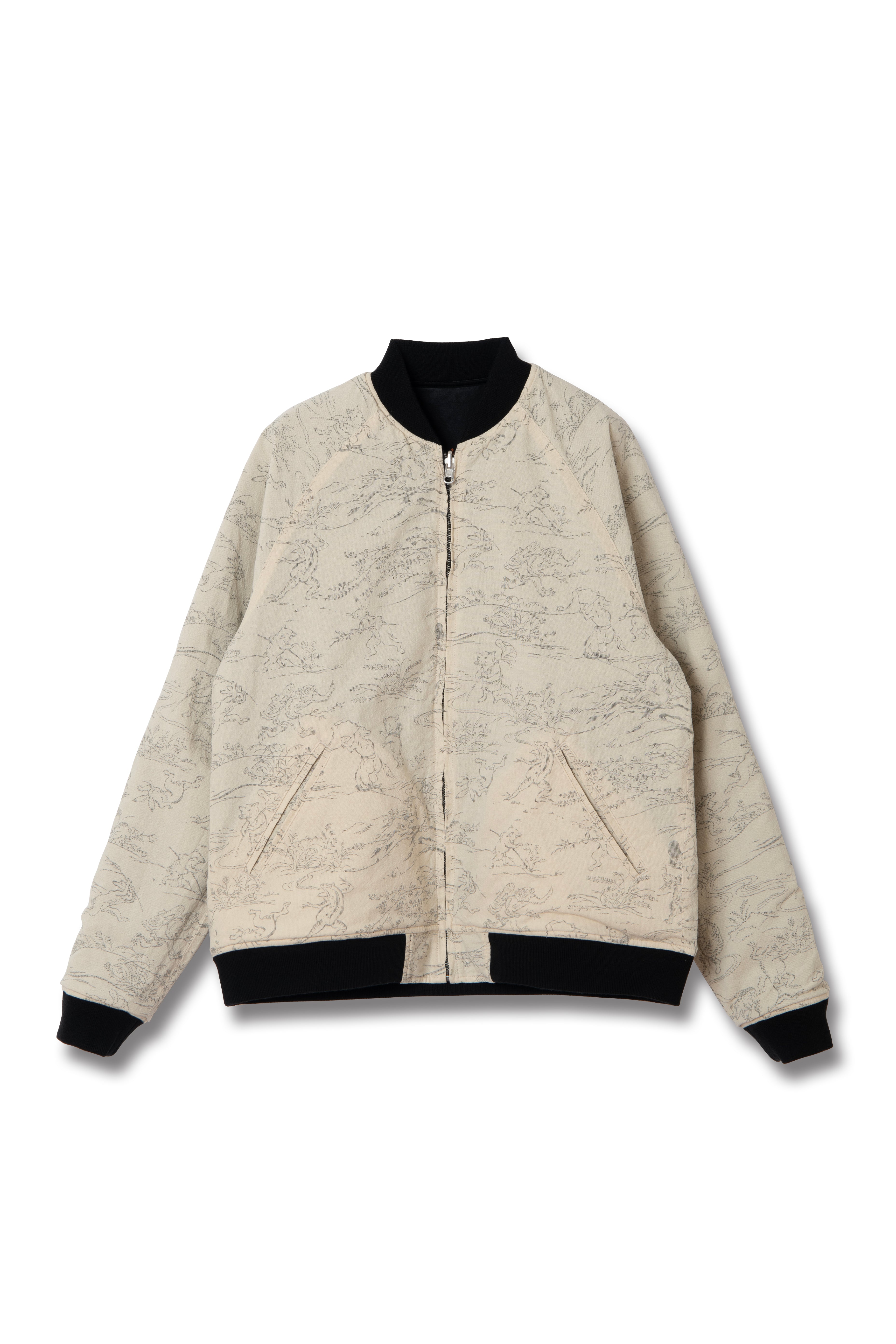 STUDIO D'ARTISAN - Manga Printed Kasuri Cotton-Rayon Souvenir Jacket - Black x Ivory Reversible - Tempo