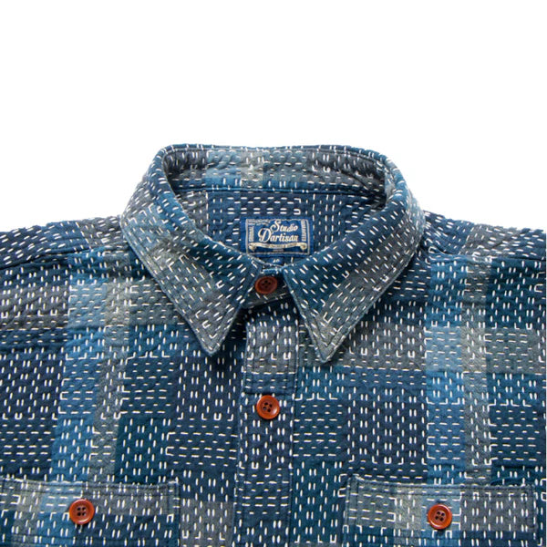 STUDIO D'ARTISAN - Pre-Order: Noragi Kasuri Indigo Patchwork Shirt - Tempo
