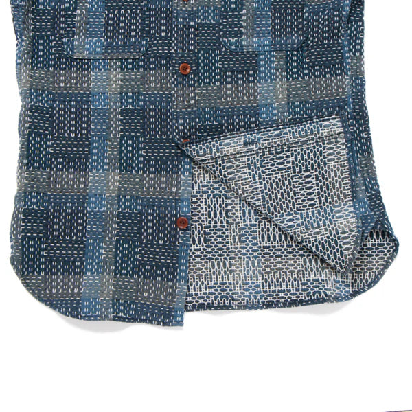 STUDIO D'ARTISAN - Pre-Order: Noragi Kasuri Indigo Patchwork Shirt - Tempo