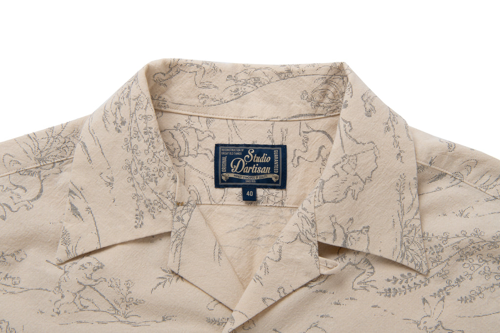 Tempo - Manga Printed Kasuri Open Collar Short Sleeve Shirt in Ivory - Tempo