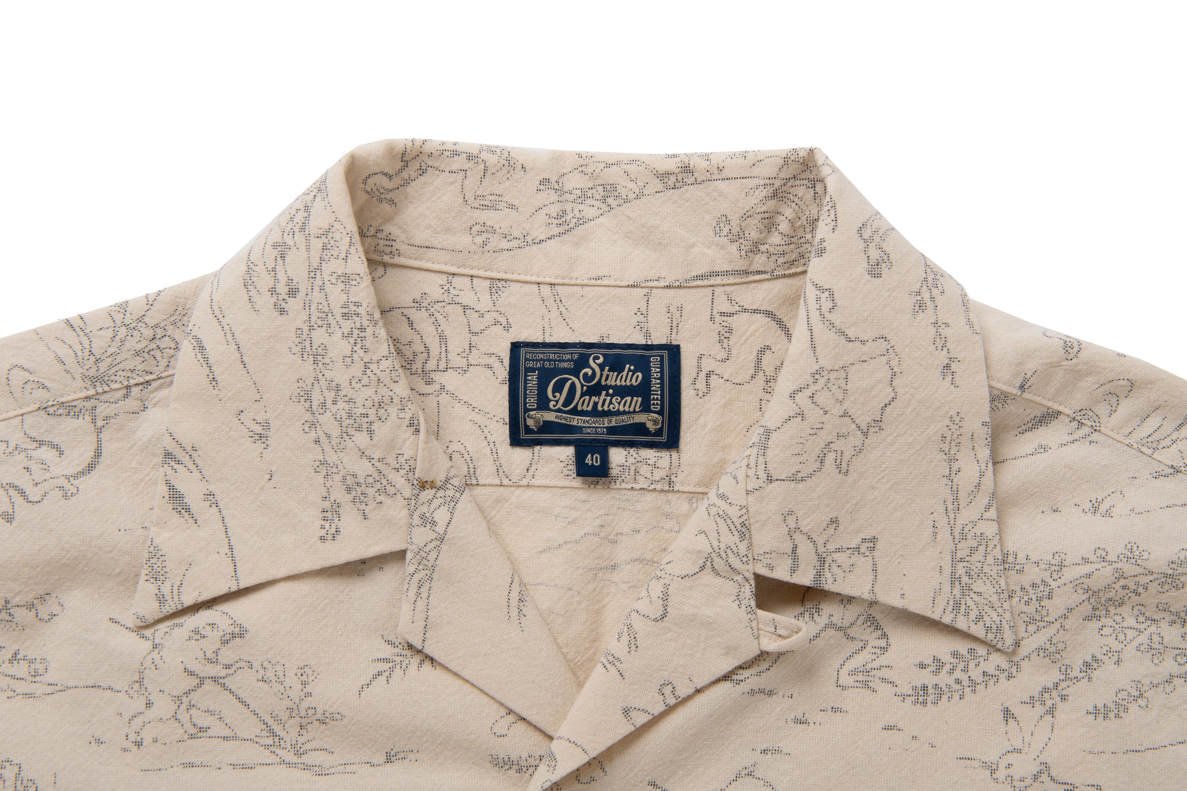 Tempo - Manga Printed Kasuri Open Collar Short Sleeve Shirt in Ivory - Tempo