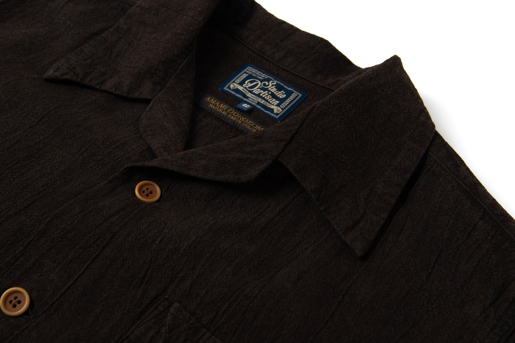 STUDIO D'ARTISAN - Amami Dorozome Mud Dyed 13oz. Short Sleeve Cotton Linen Shirt - Dark Brown - Tempo
