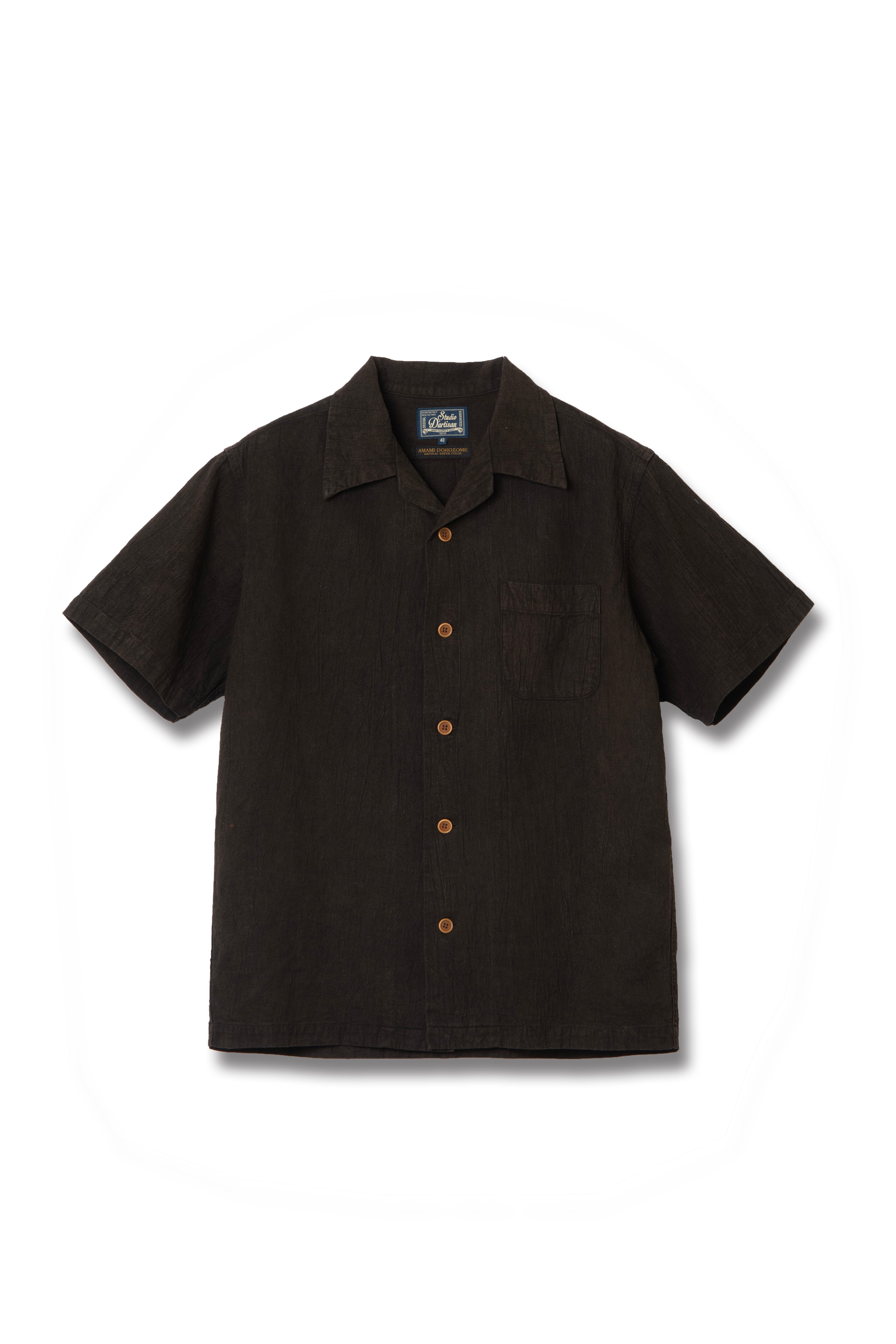 STUDIO D'ARTISAN - Amami Dorozome Mud Dyed 13oz. Short Sleeve Cotton Linen Shirt - Dark Brown - Tempo