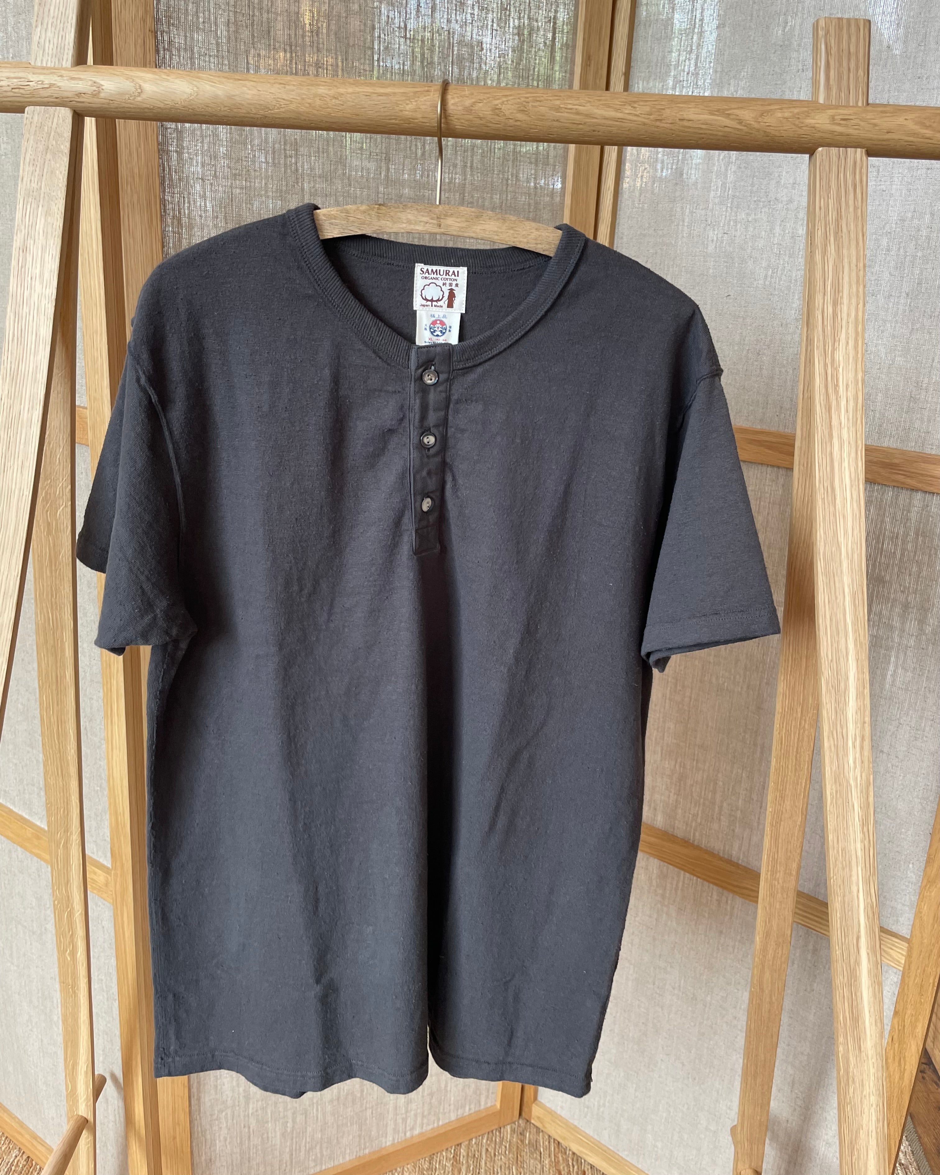 16oz Japanese Organic Cotton Henley Hand-Dyed in Black Bean - Kuromame