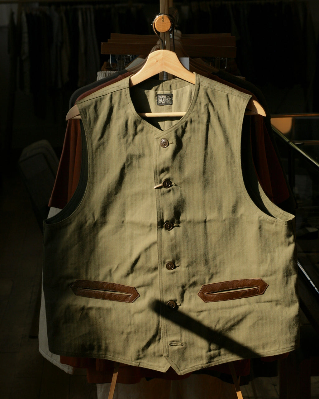 Ragtime Cotton Herringbone Civilian Deck Vest in Army Green