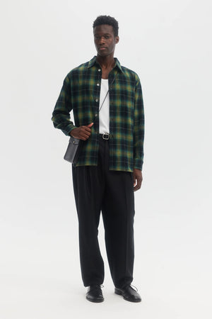 Green Plaid Shadow Check Brushed Flannel Relaxed Shirt