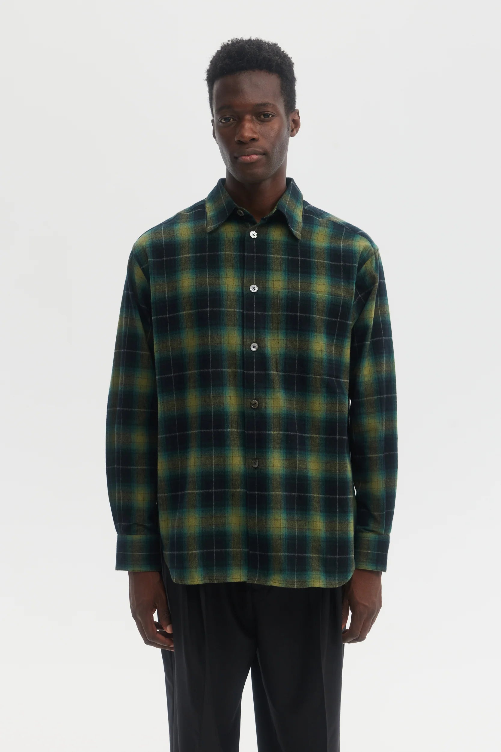 Green Plaid Shadow Check Brushed Flannel Relaxed Shirt