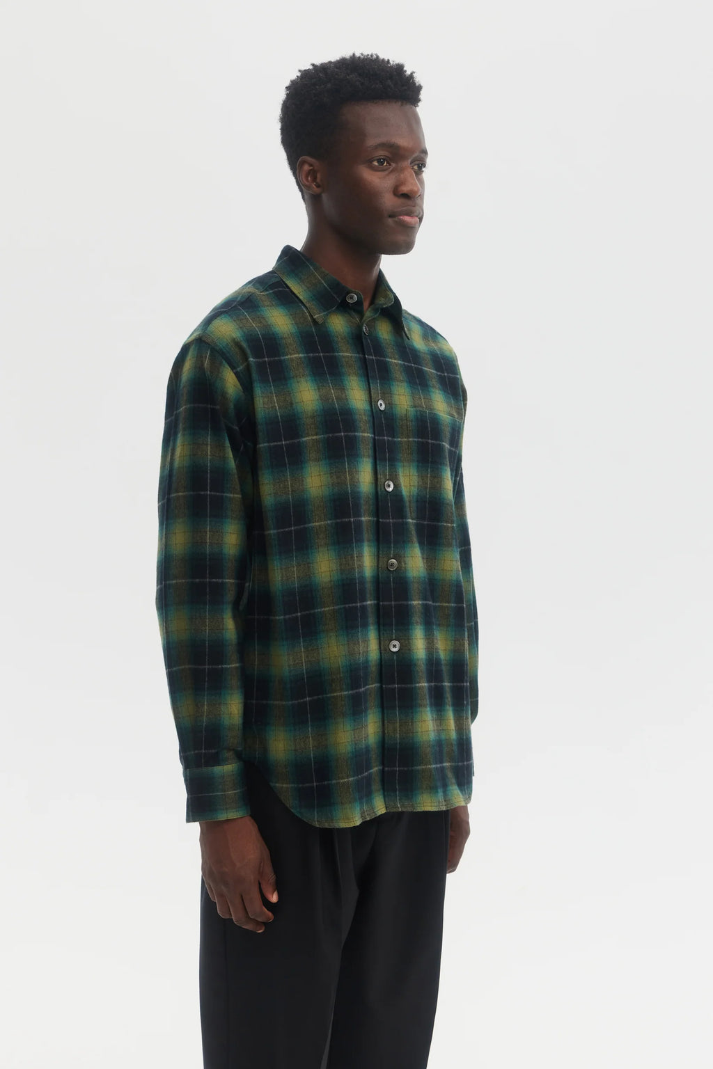 École de Pensée - Green Plaid Shadow Check Brushed Flannel Relaxed Shirt - Tempo