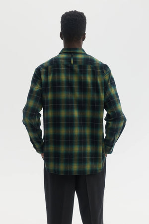 Green Plaid Shadow Check Brushed Flannel Relaxed Shirt