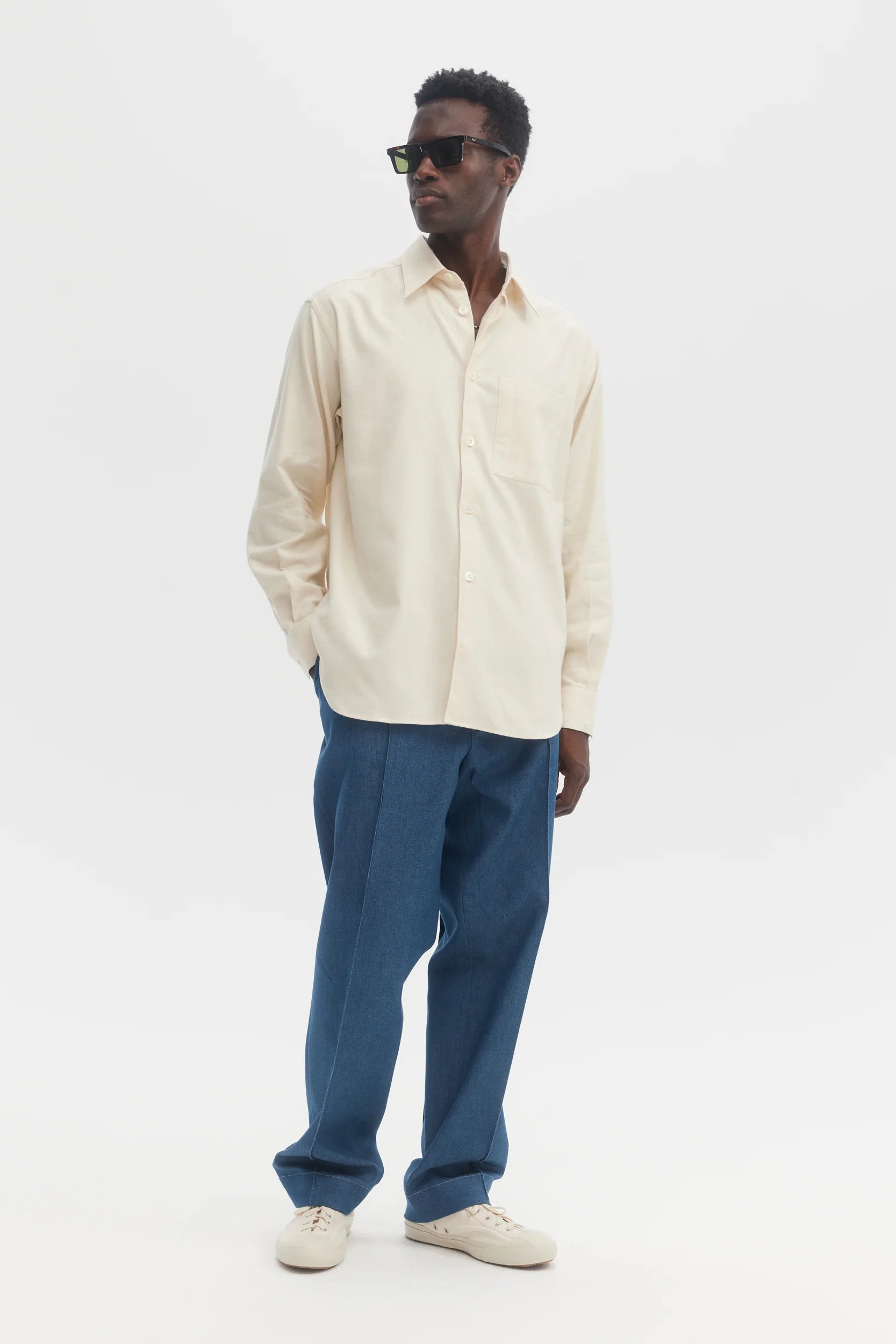 Cream Brushed Organic Cotton Flannel Relaxed Shirt