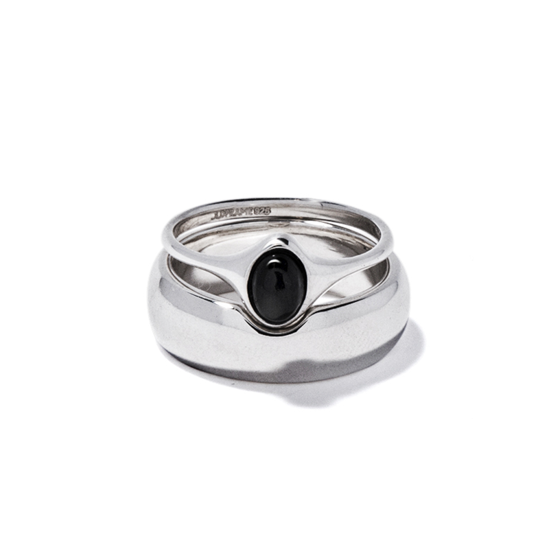 COLDFRAME - Set of 2 Handcrafted 925 Silver and Volcanic Grey Obsidian Rings - Tempo