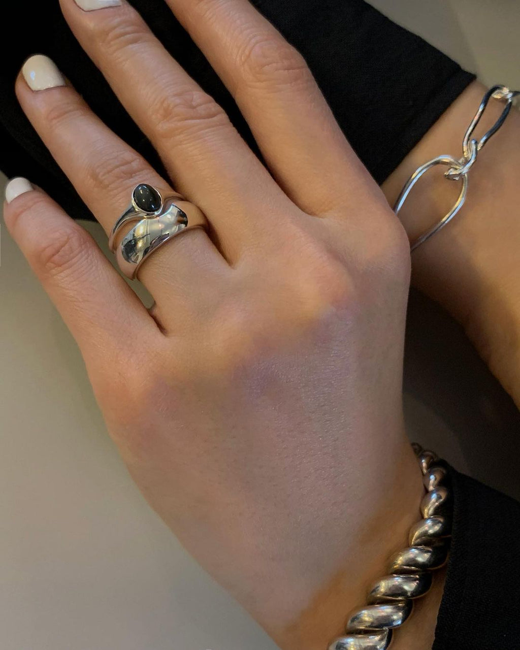 COLDFRAME - Set of 2 Handcrafted 925 Silver and Volcanic Grey Obsidian Rings - Tempo