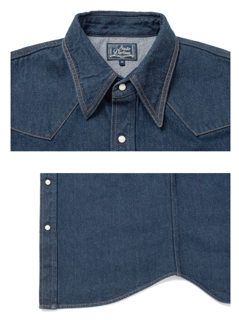 Précommande : Chemise western en denim indigo naturel à motif dents de scie 12,8 oz D5701