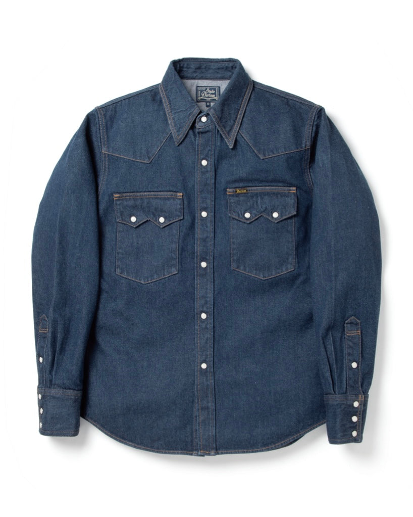 Précommande : Chemise western en denim indigo naturel à motif dents de scie 12,8 oz D5701