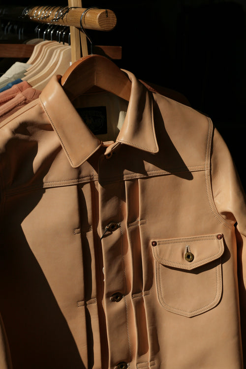 DOUBLE HELIX FOR TEMPO - Aging Sample - "Collector's-Edition" - Raw Natural Undyed Teacore Horsehide Type I Jacket - Tempo