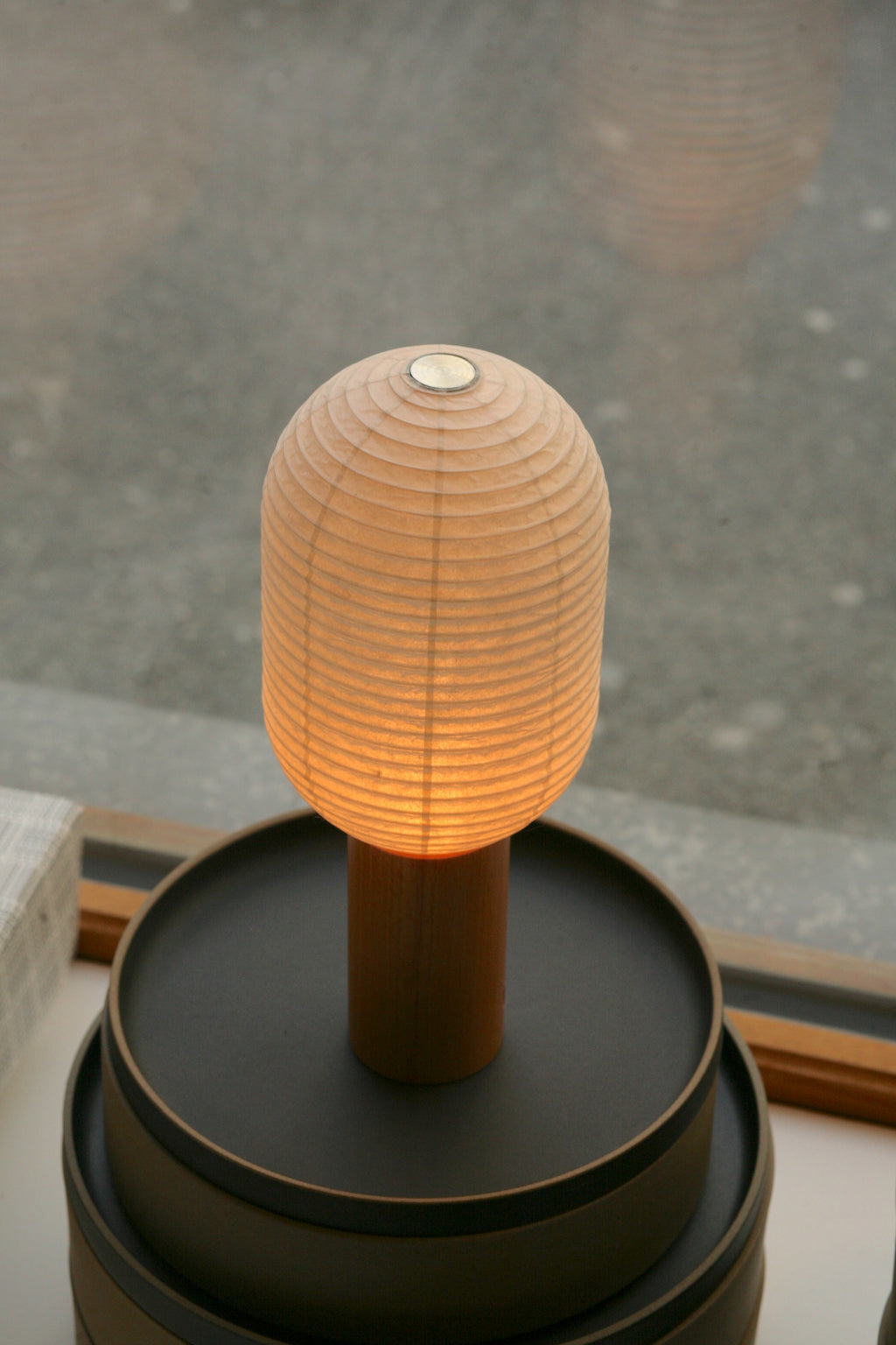 Vertical Washi-Paper Battery Torch Lamp with Ash Wood Base