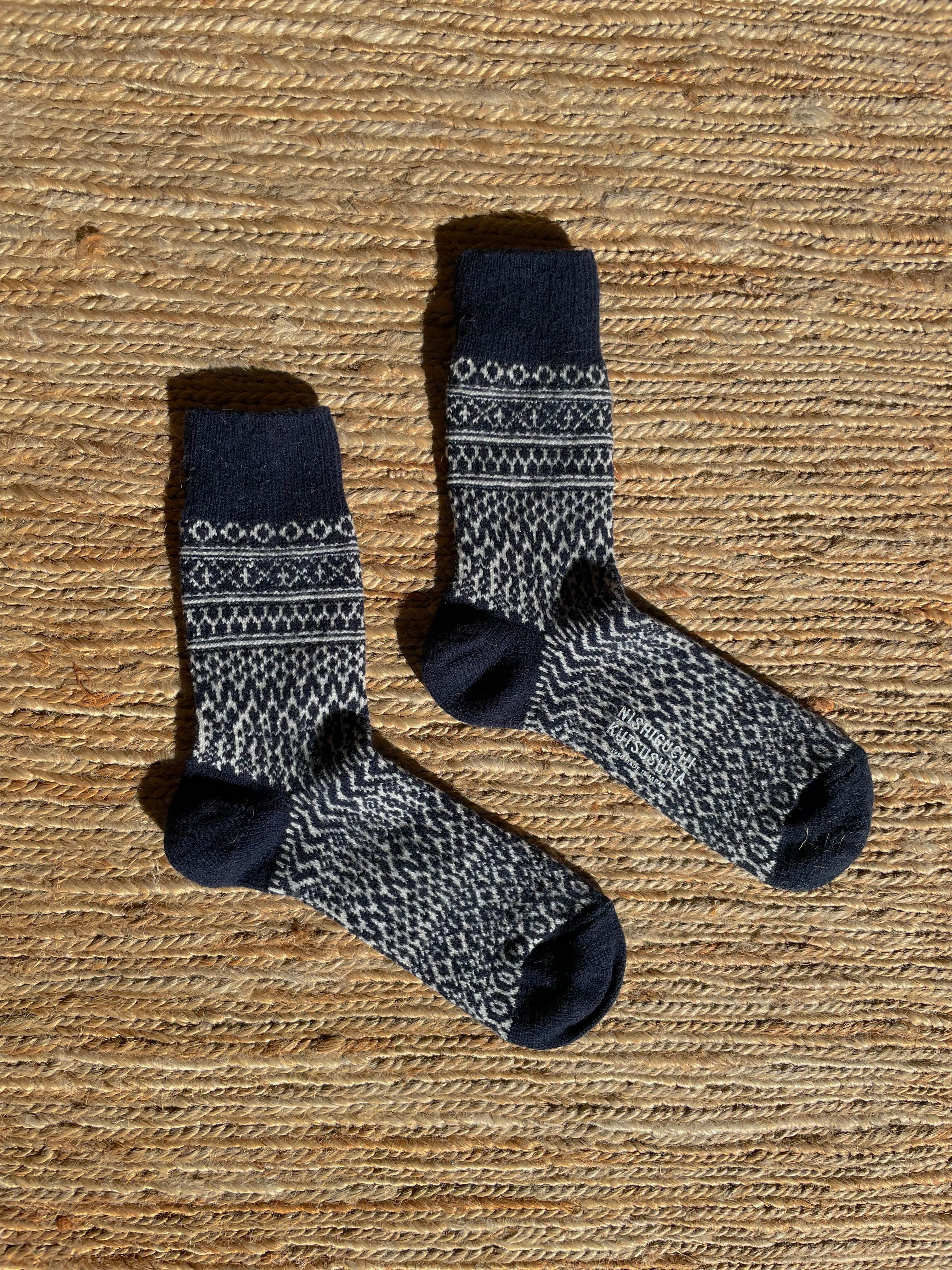 Nishiguchi Kutsushita - Wool Jacquard Socks in Berlin Blue - Tempo