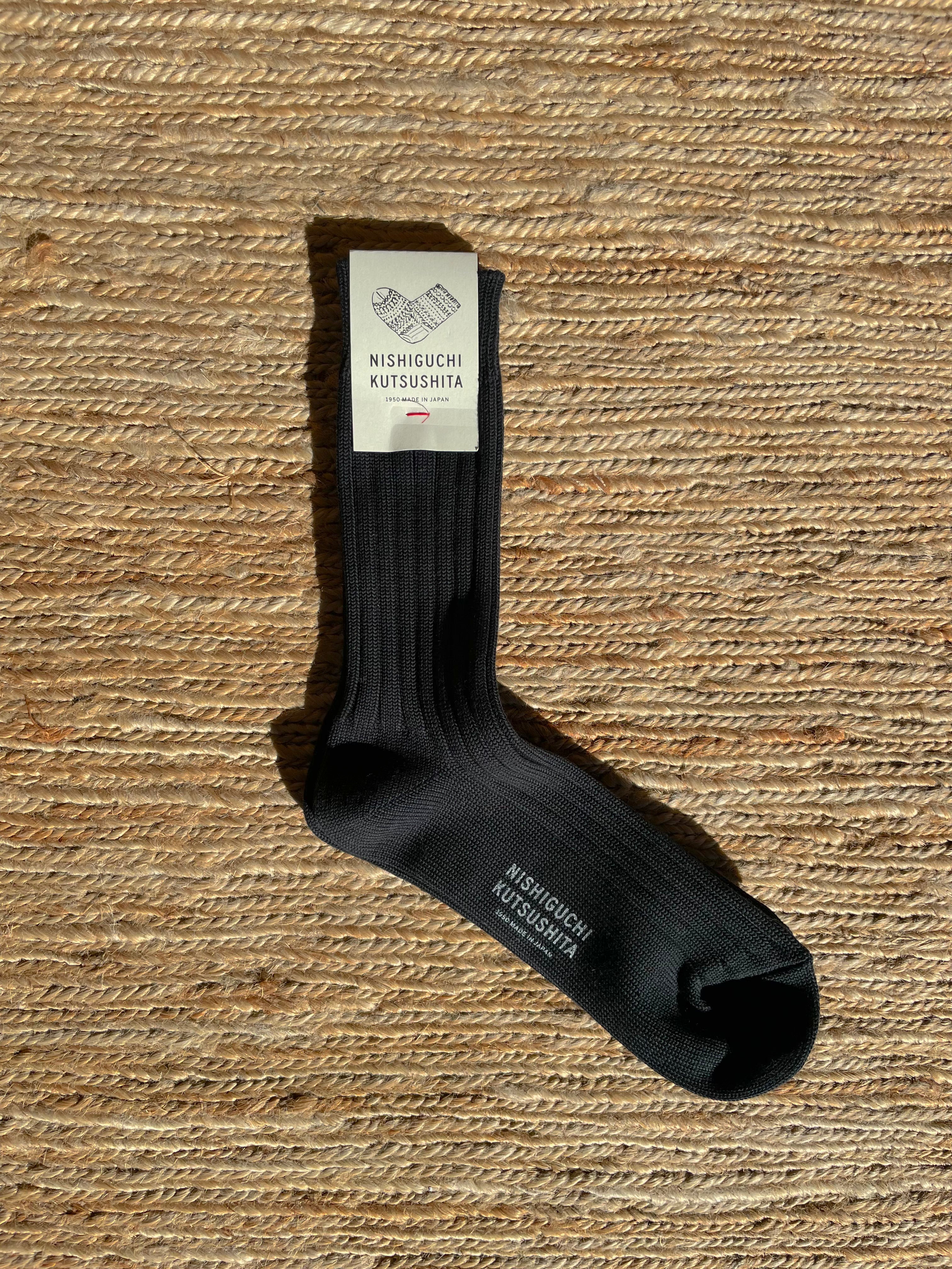 Nishiguchi Kutsushita - Egyptian Cotton Ribbed Socks in Black - Tempo
