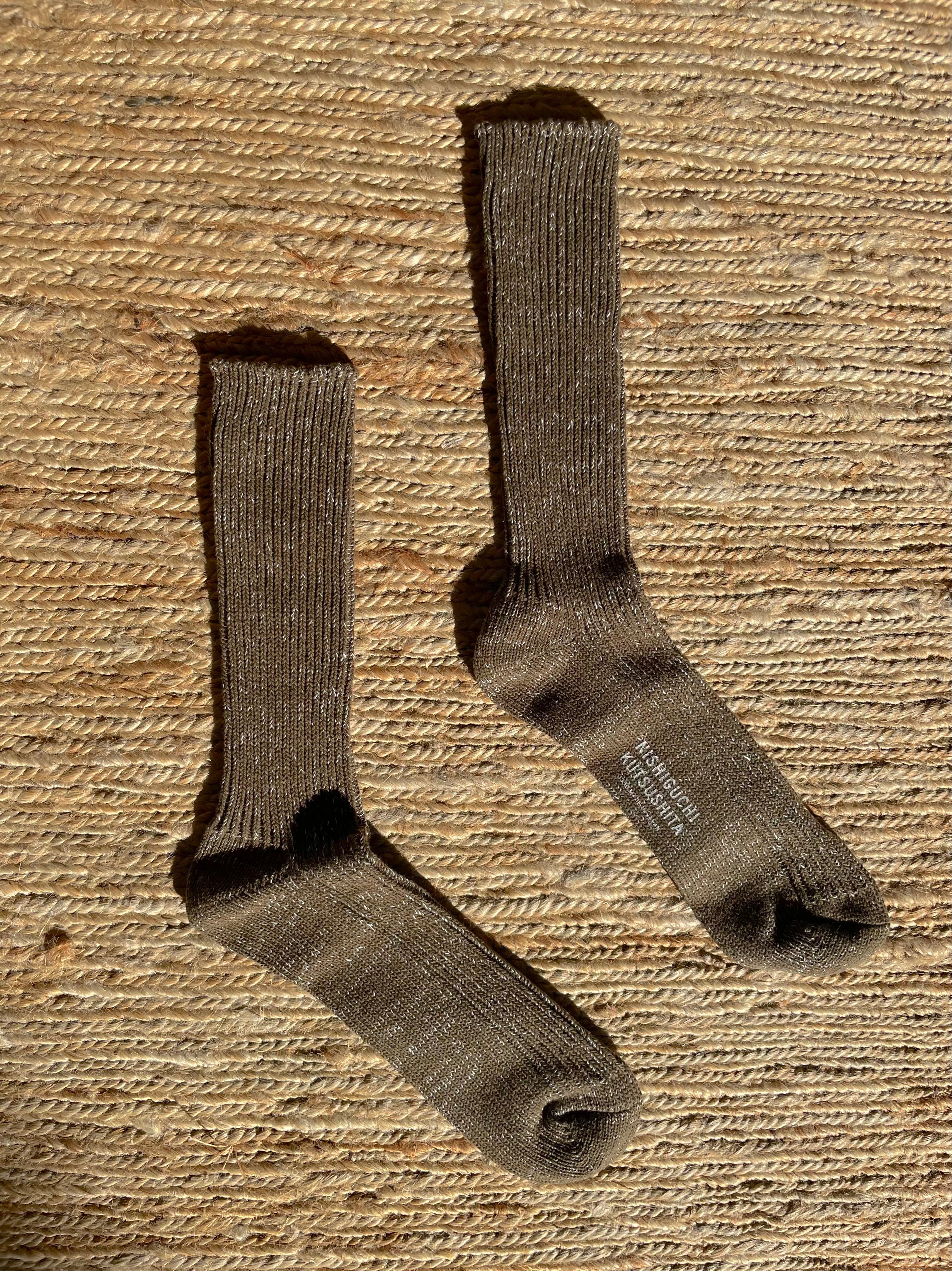Nishiguchi Kutsushita - Hemp Cotton Ribbed Socks in Khaki - Tempo