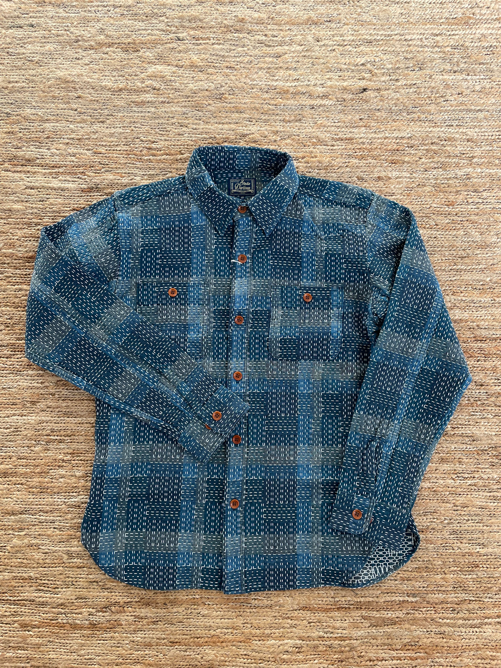 Noragi Sashiko Long Sleeve Shirt in Blue - Tempo